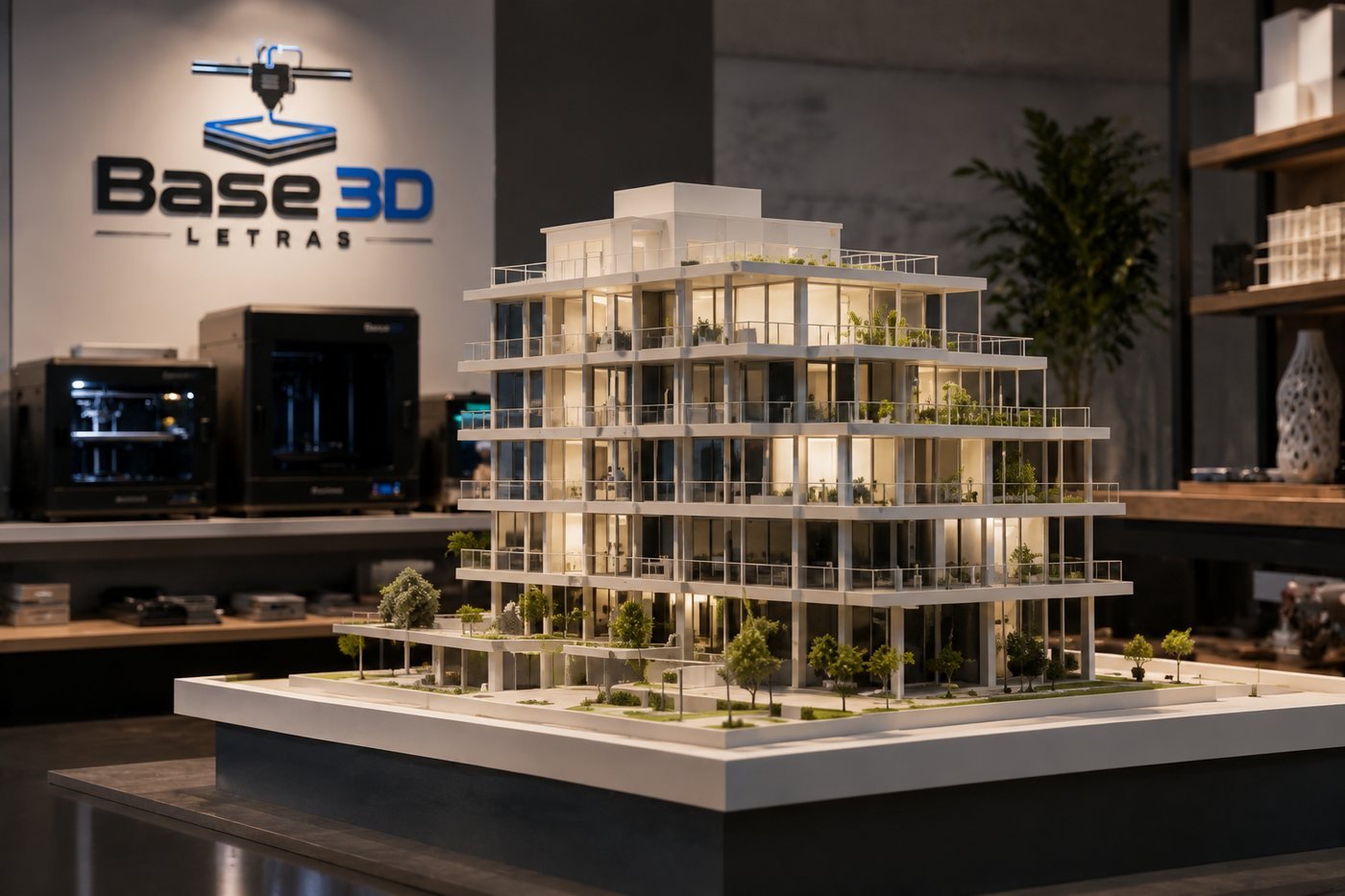 Maquete arquitetônica impressa em 3D pela Base3D, com iluminação interna
